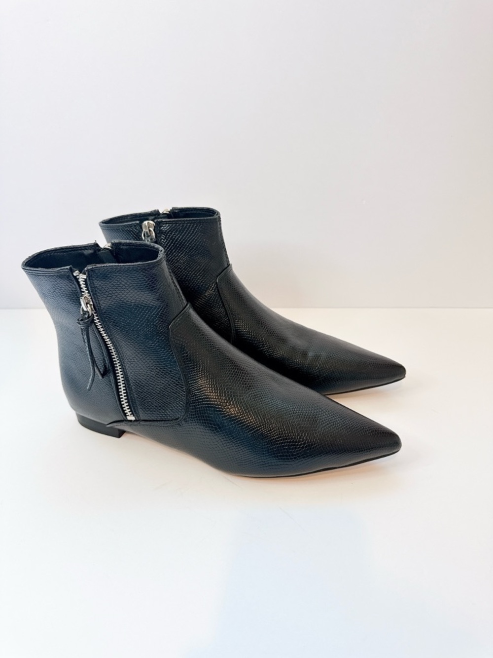Size 10.5 Black Pointed Toe Ankle Boots Side Zipper Low Heel Booties